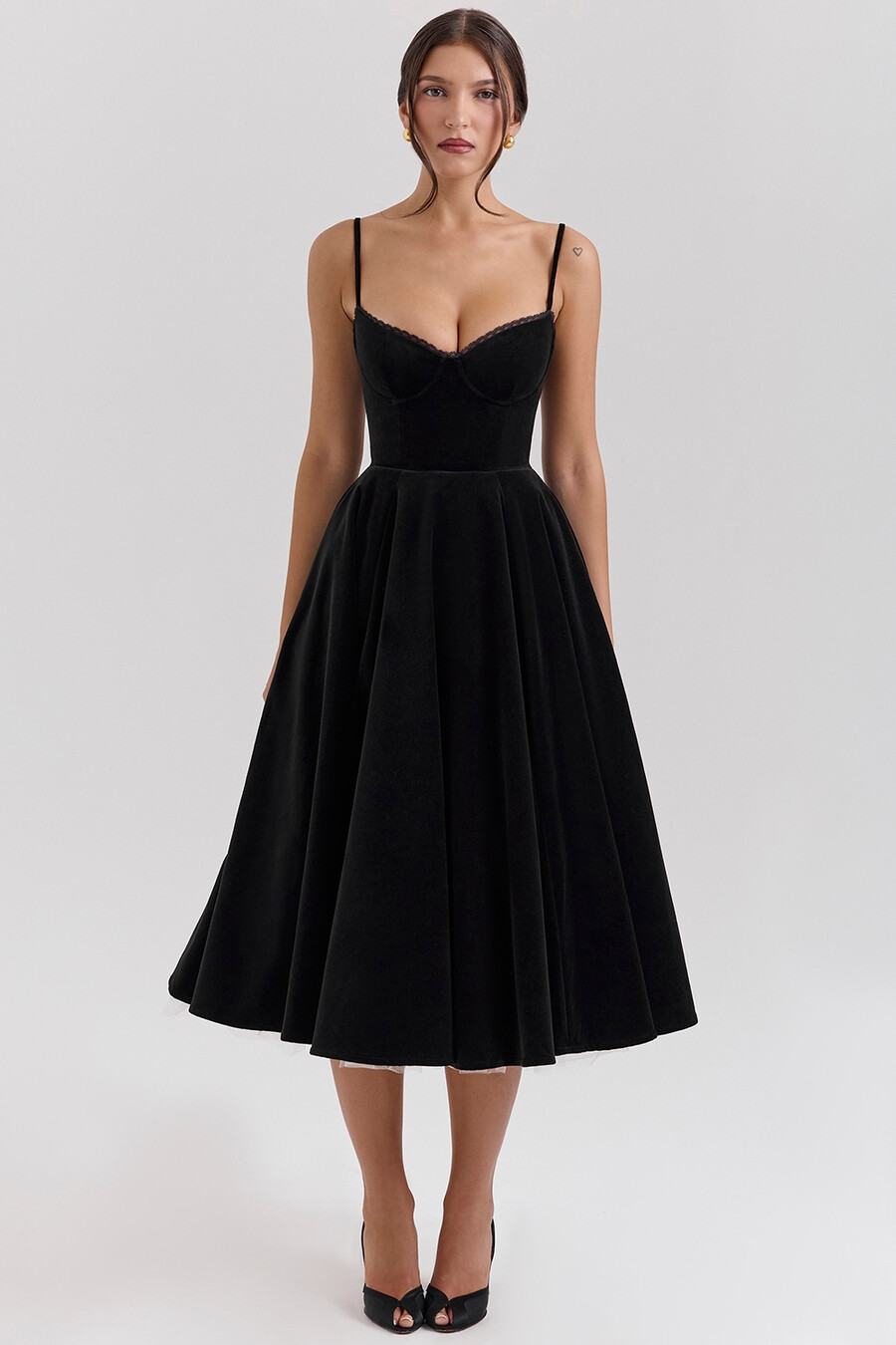 schwarzes samt-tüll-midikleid bolero