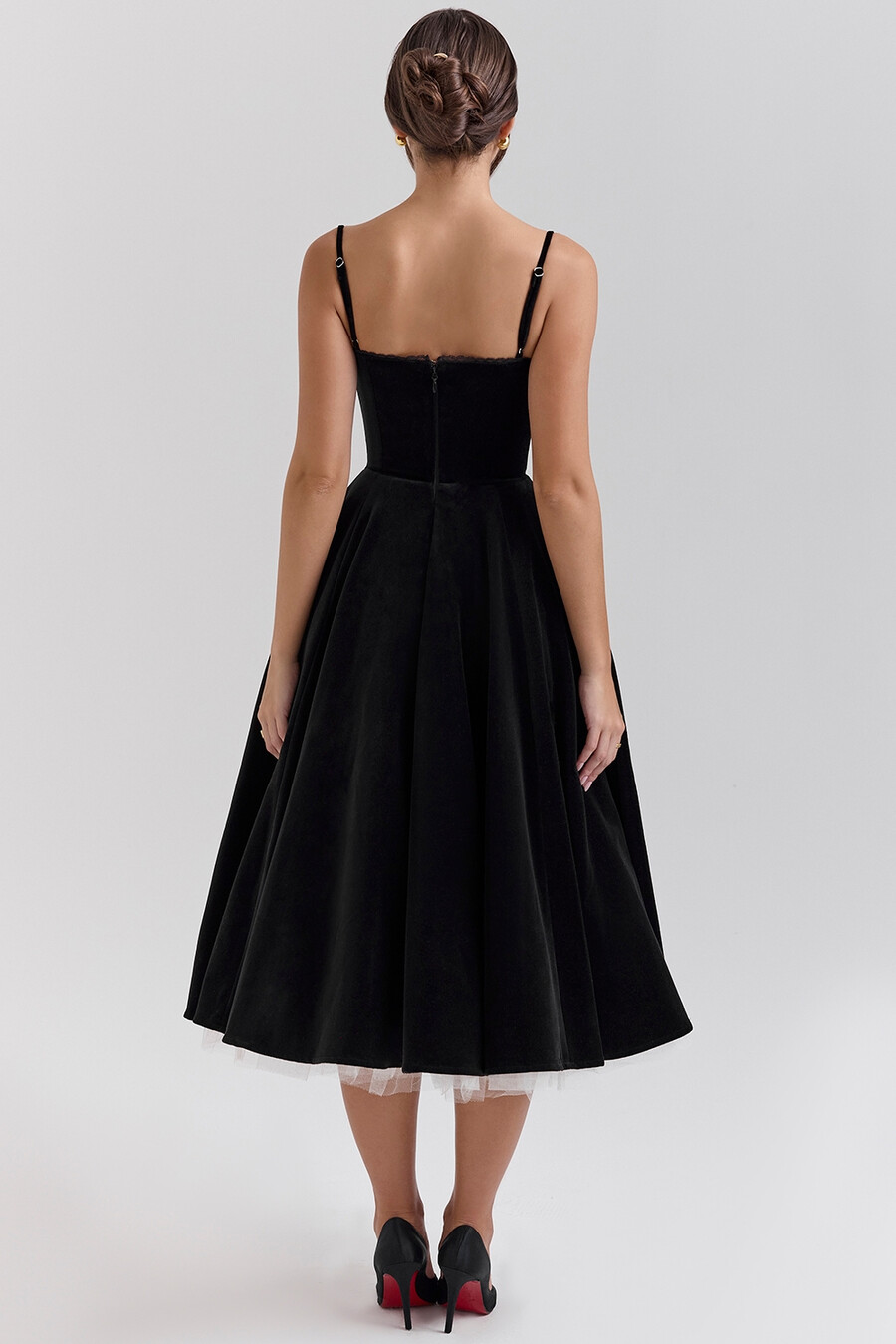schwarzes samt-tüll-midikleid bolero