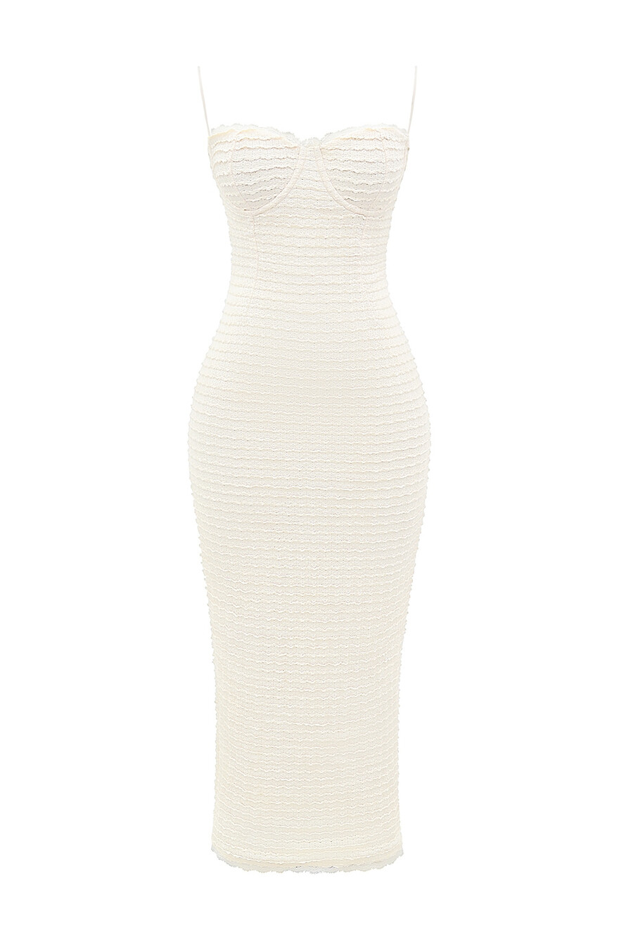 cremefarbenes midikleid mit rüschen und spitze