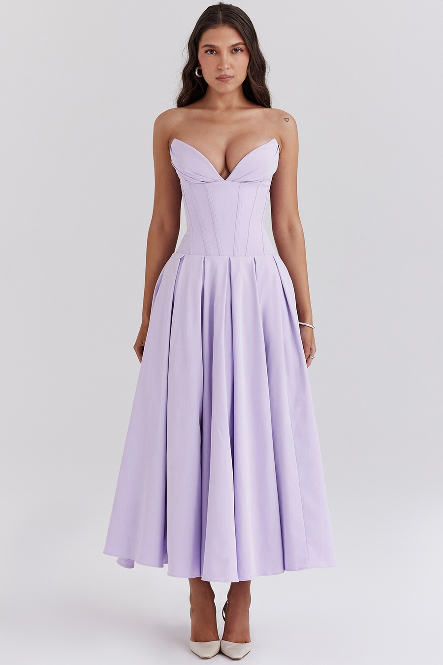orchideenfarbenes trägerloses midikleid aus twill und tüll