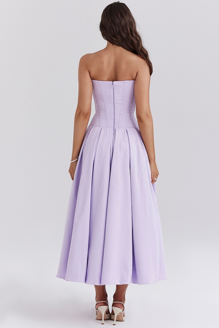 orchideenfarbenes trägerloses midikleid aus twill und tüll