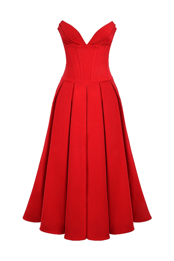 scharlachrotes trägerloses midikleid