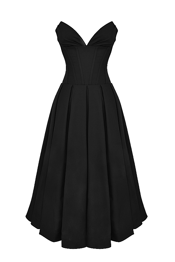 schwarzes trägerloses midikleid
