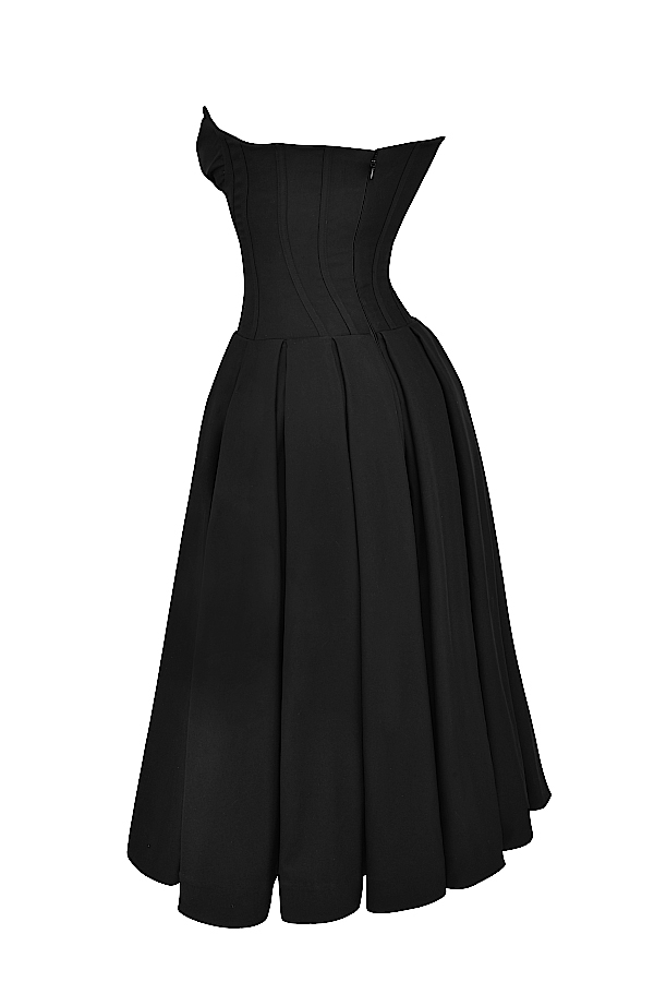 schwarzes trägerloses midikleid