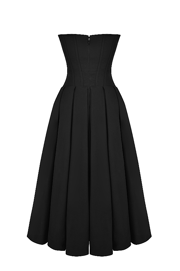 schwarzes trägerloses midikleid
