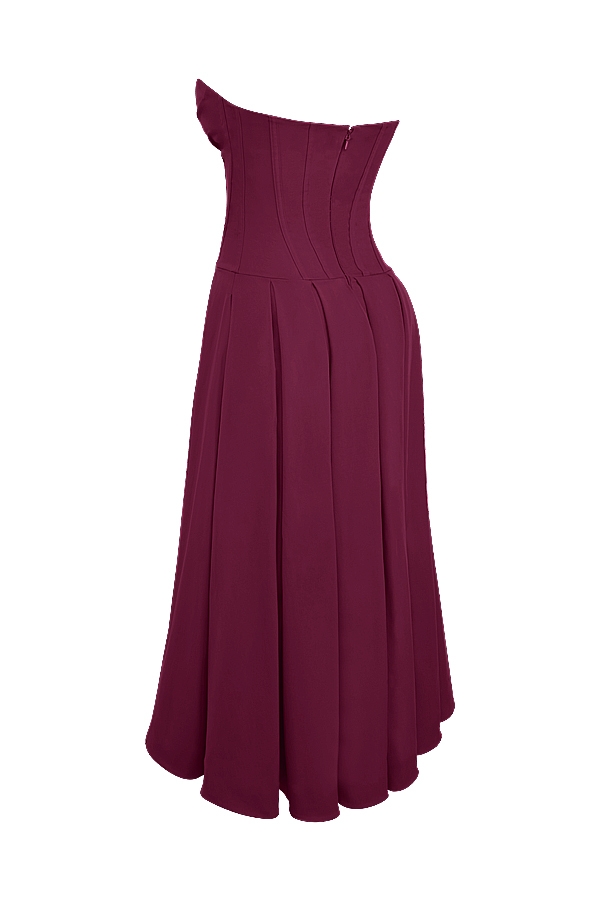 weinrotes trägerloses midikleid