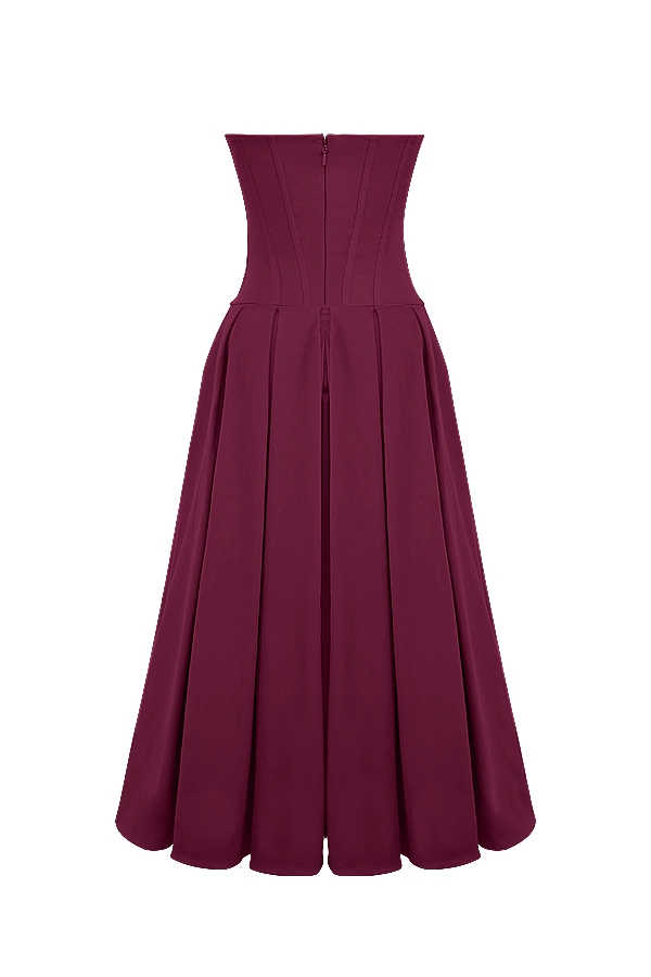 weinrotes trägerloses midikleid
