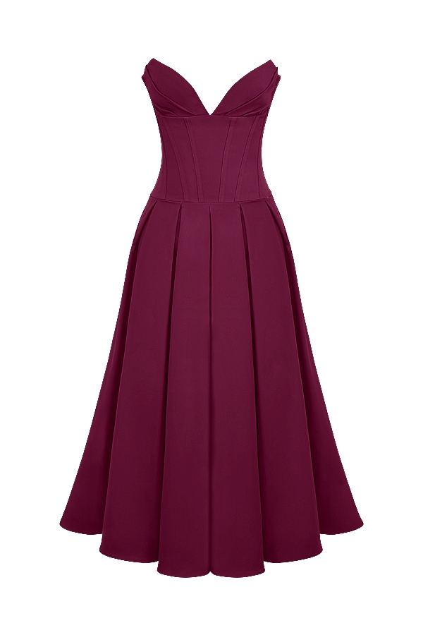 weinrotes trägerloses midikleid
