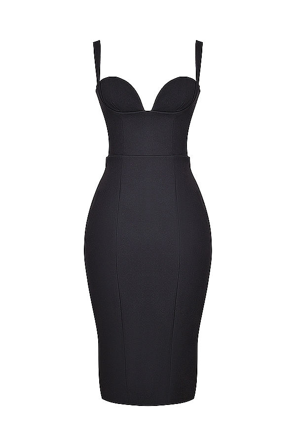 schwarzes midikleid mit herzausschnitt