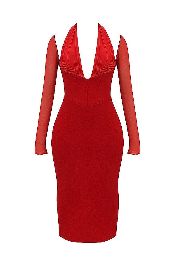 scharlachrotes midikleid mit tiefem ausschnitt