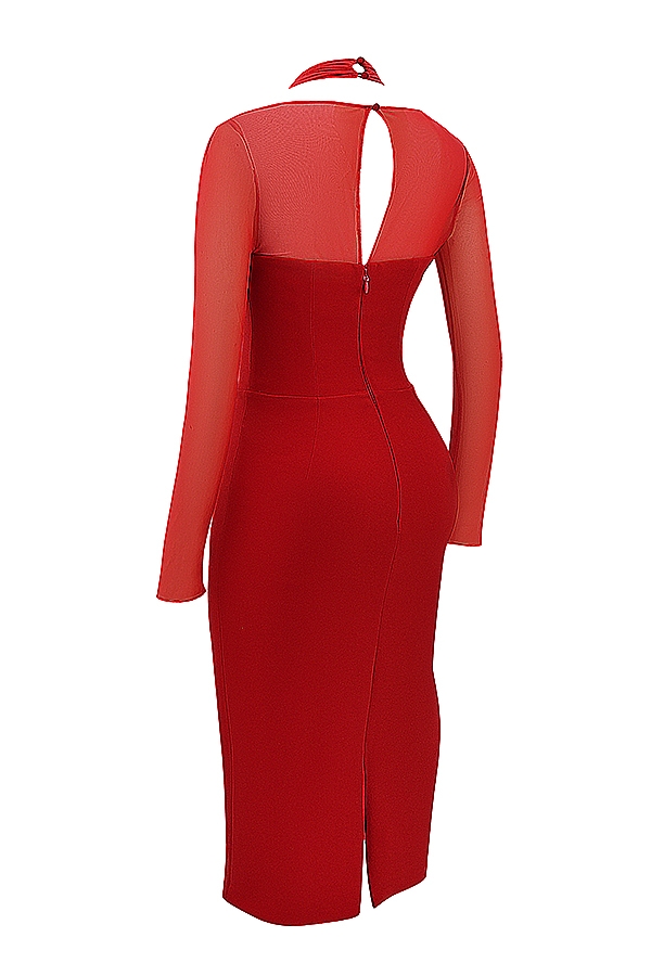 scharlachrotes midikleid mit tiefem ausschnitt