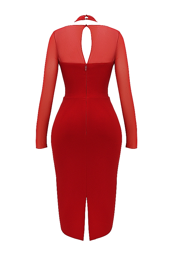 scharlachrotes midikleid mit tiefem ausschnitt