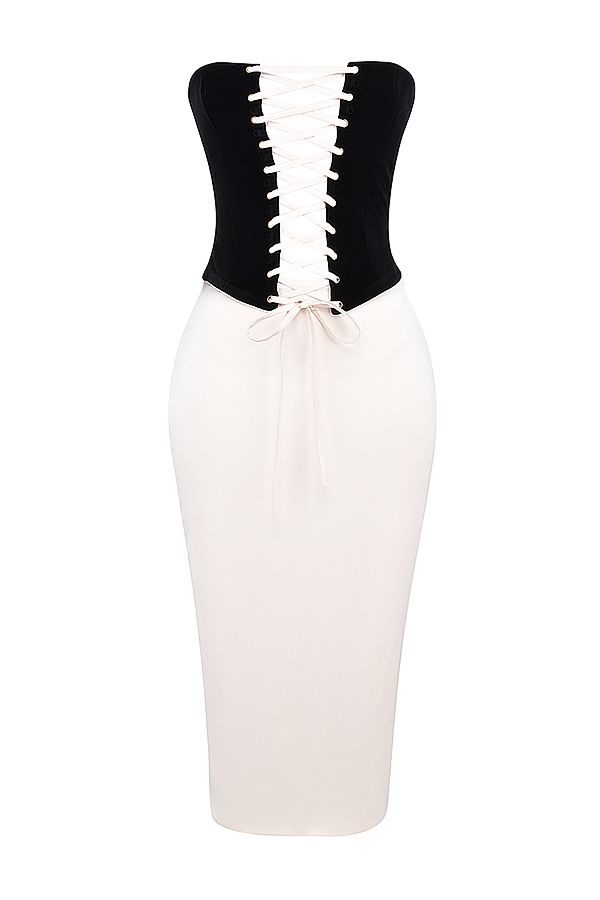 schwarzes vintage-cremefarbenes trägerloses korsettkleid