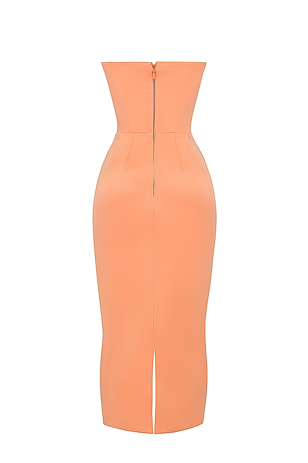 mandarinenfarbenes trägerloses korsett-midikleid