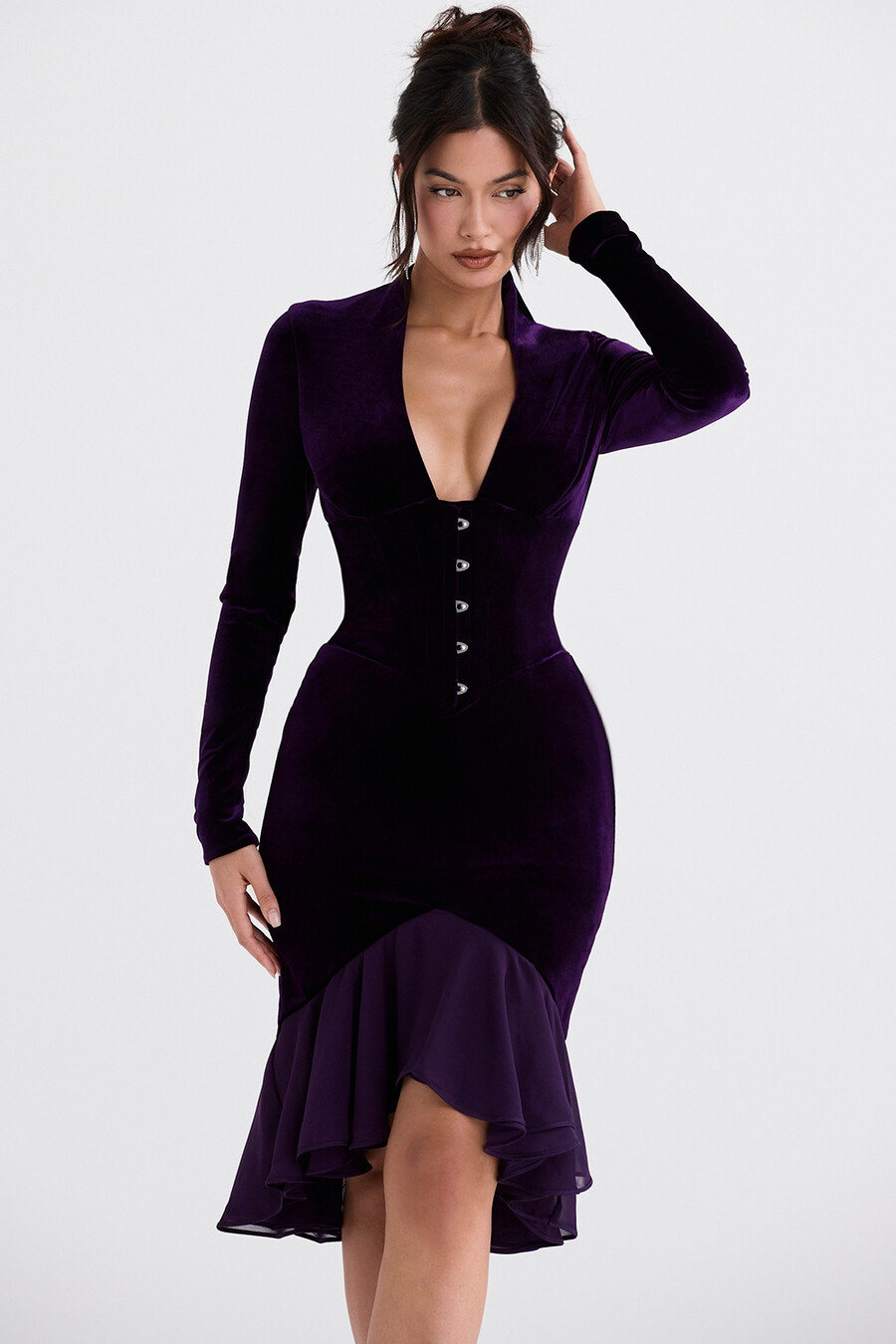 dunkelviolettes samt-korsettkleid