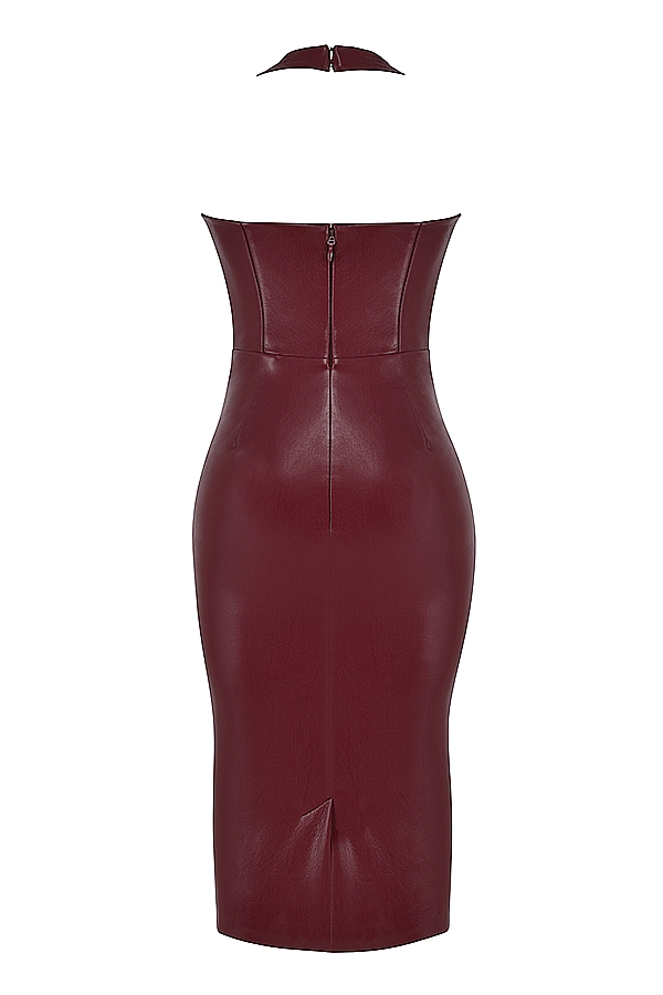 weinrotes midikleid aus veganem leder