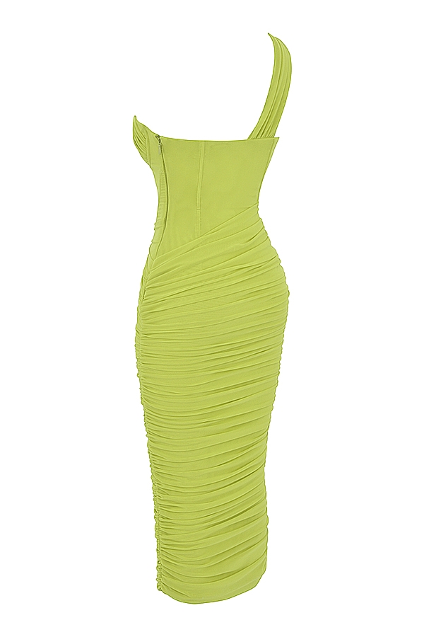 limettengrünes asymmetrisches midikleid mit cut-outs