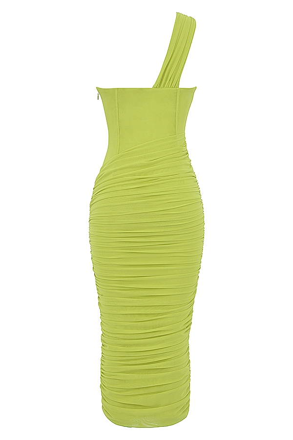 limettengrünes asymmetrisches midikleid mit cut-outs