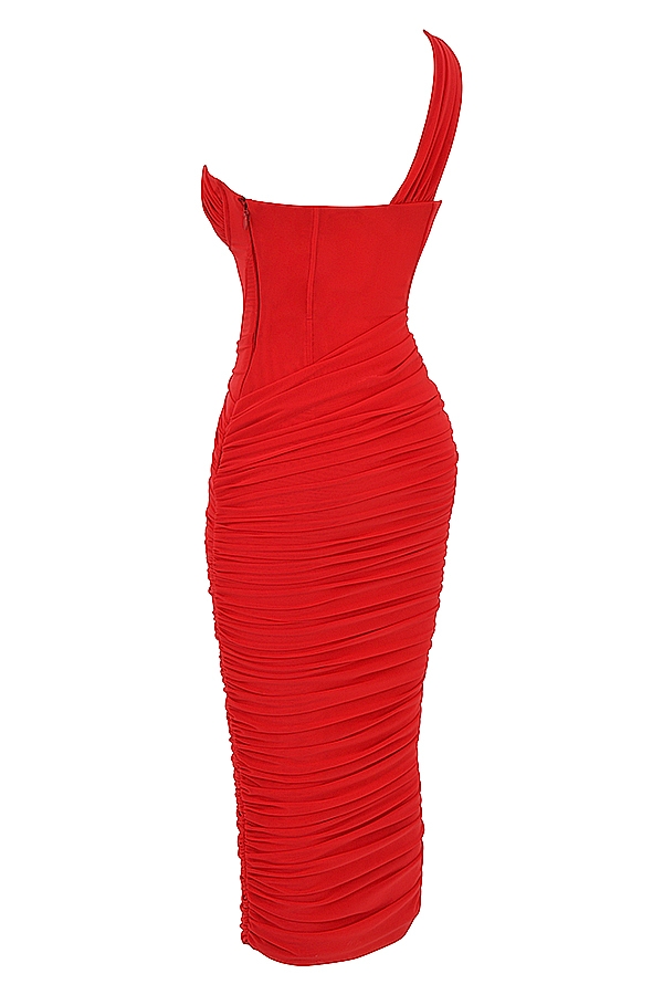 scharlachrotes asymmetrisches midikleid mit cut-outs