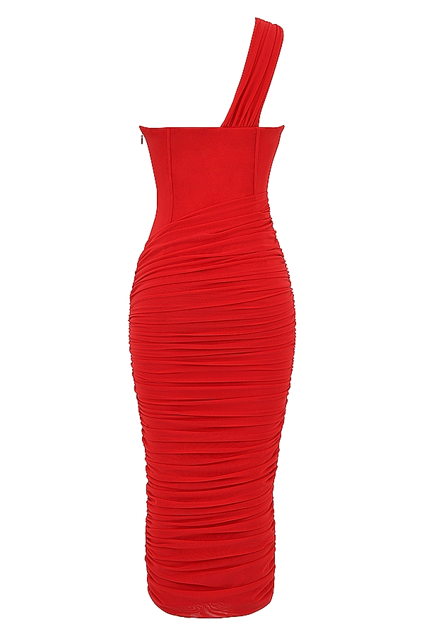 scharlachrotes asymmetrisches midikleid mit cut-outs