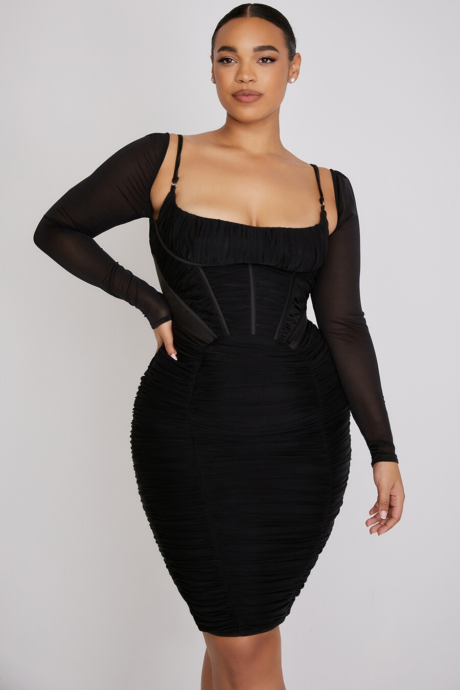 schwarzes korsettkleid mit raffungen