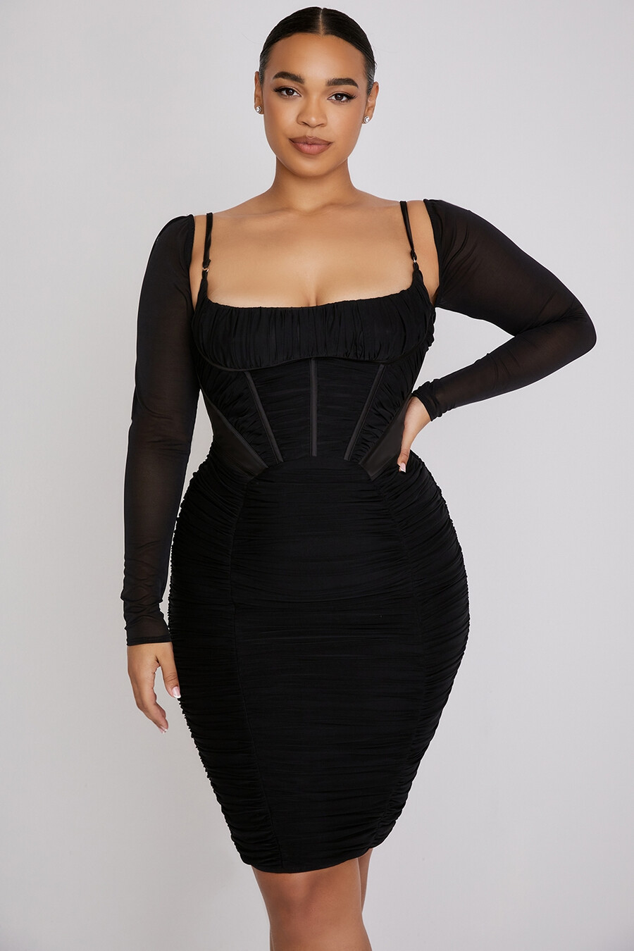 schwarzes korsettkleid mit raffungen