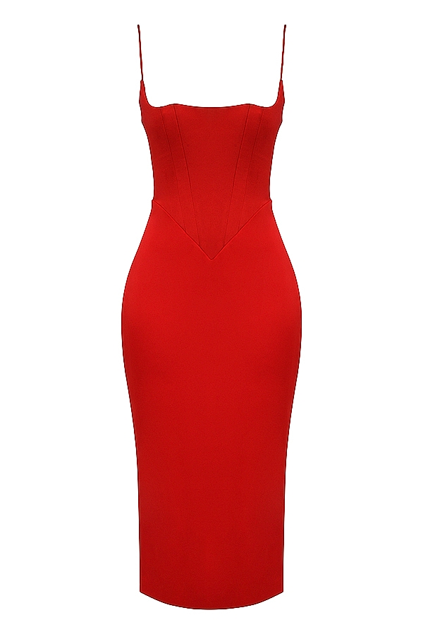 scharlachrotes satin-korsett-midikleid