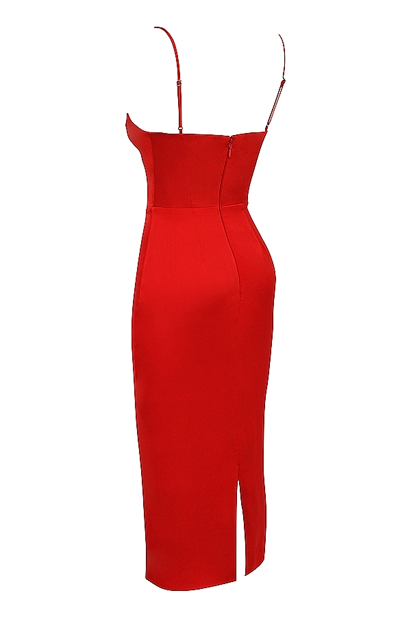 scharlachrotes satin-korsett-midikleid