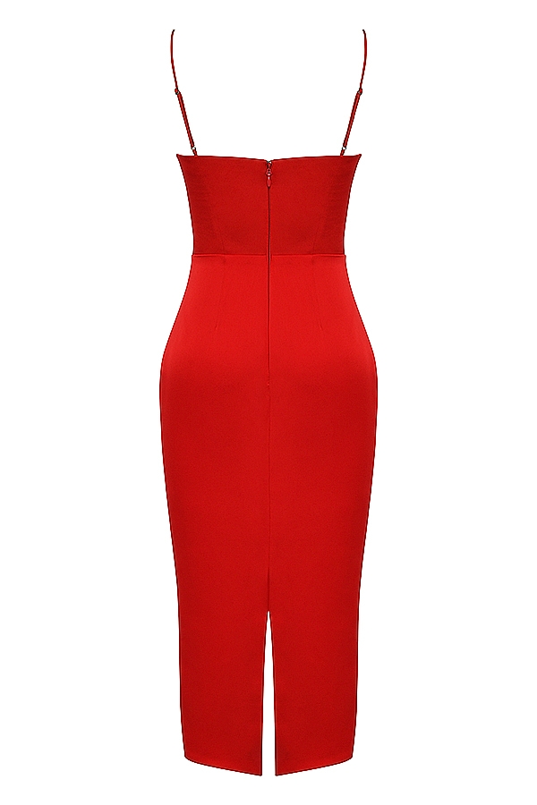scharlachrotes satin-korsett-midikleid