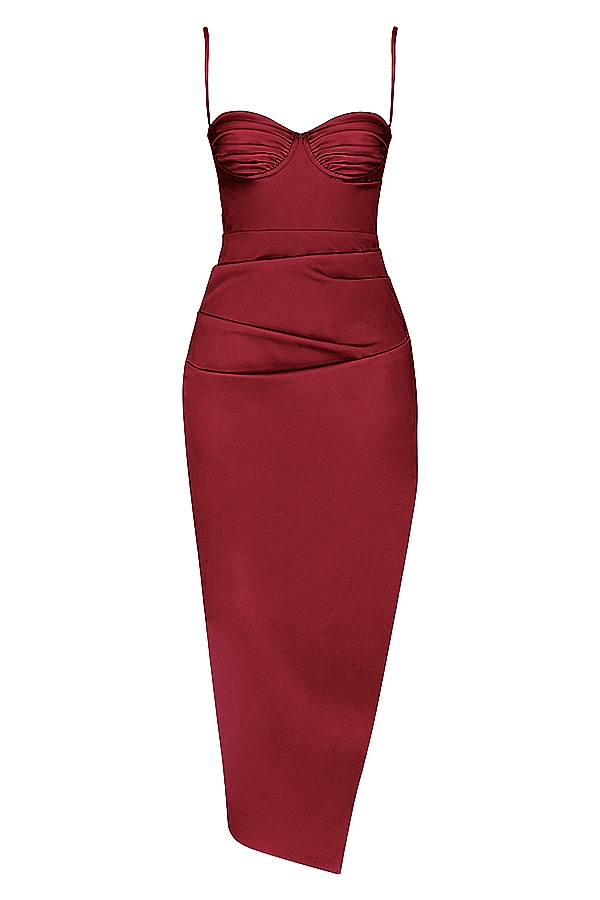 weinrotes satin-plissee-korsett-midikleid