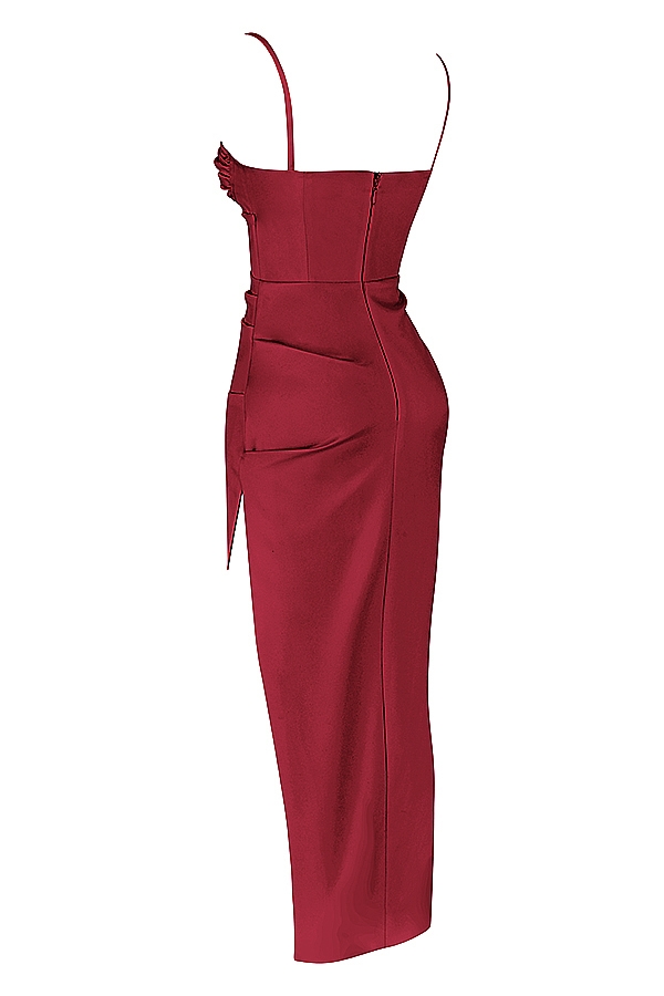 weinrotes satin-plissee-korsett-midikleid
