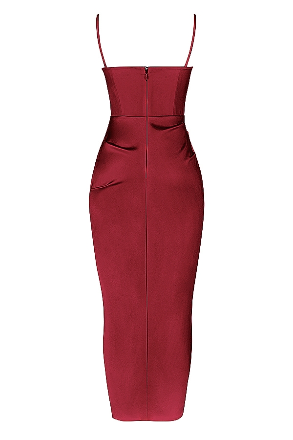 weinrotes satin-plissee-korsett-midikleid