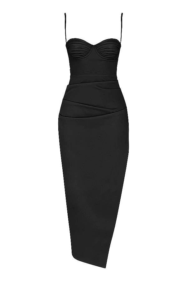 schwarzes satin-plissee-korsett-midikleid