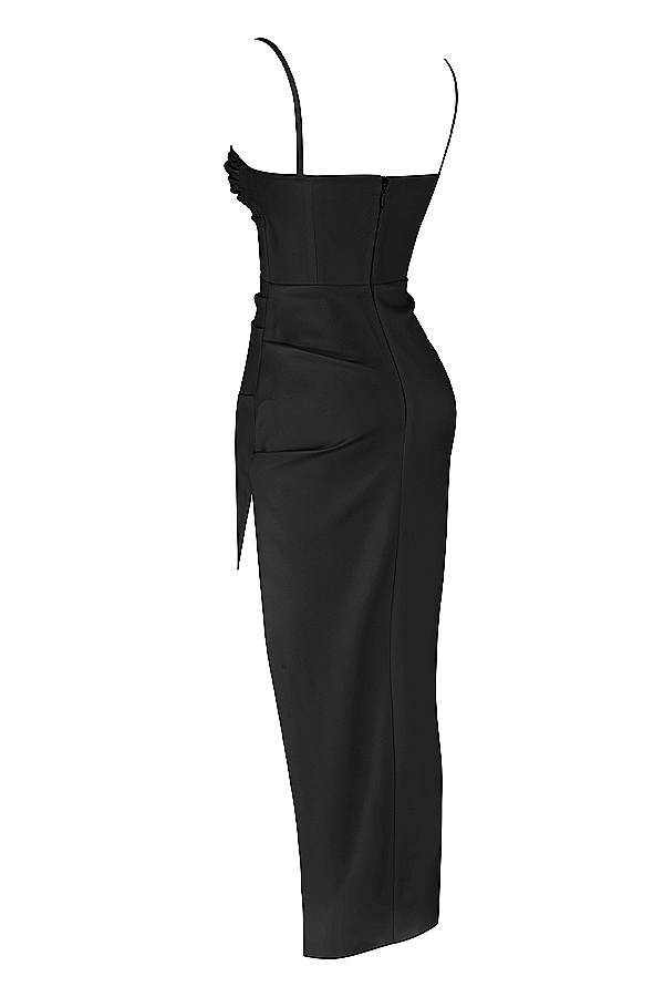 schwarzes satin-plissee-korsett-midikleid
