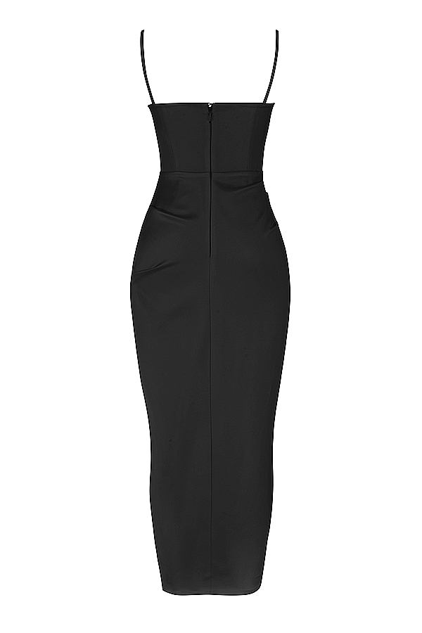 schwarzes satin-plissee-korsett-midikleid