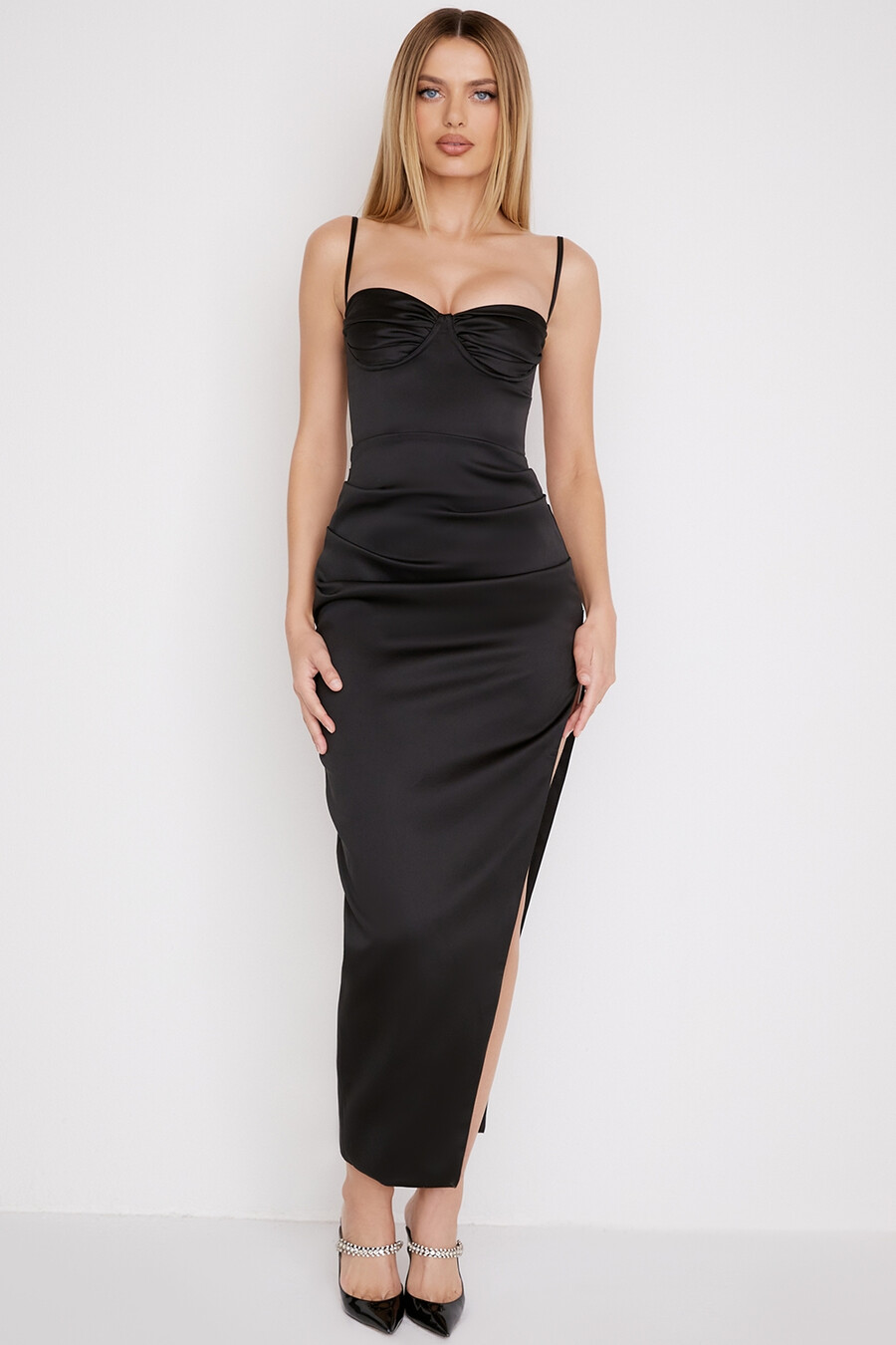 schwarzes satin-plissee-korsett-midikleid