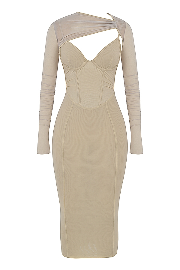 beigefarbenes korsett-midikleid