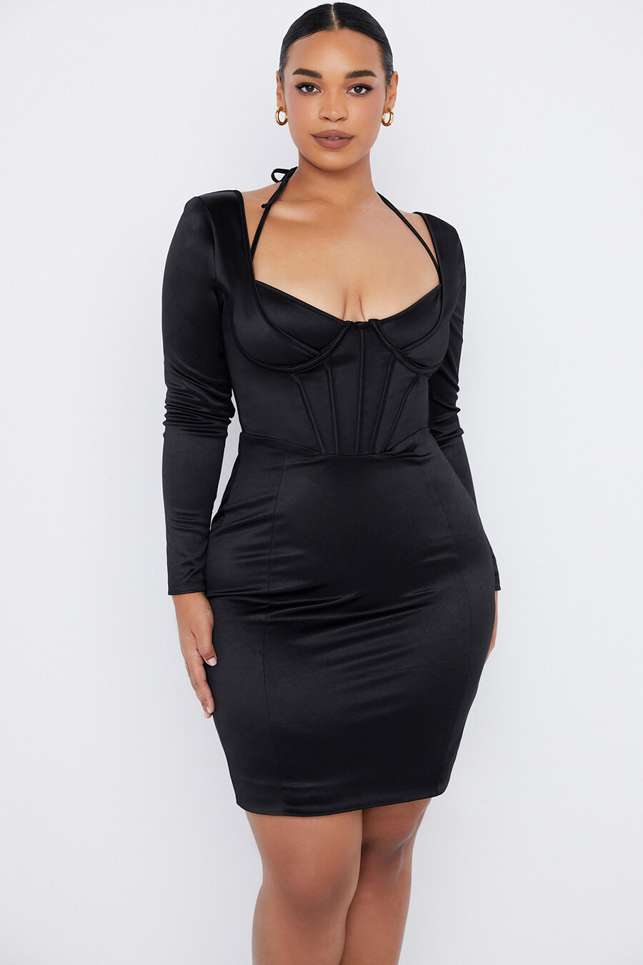 schwarzes disco-satin-korsettkleid