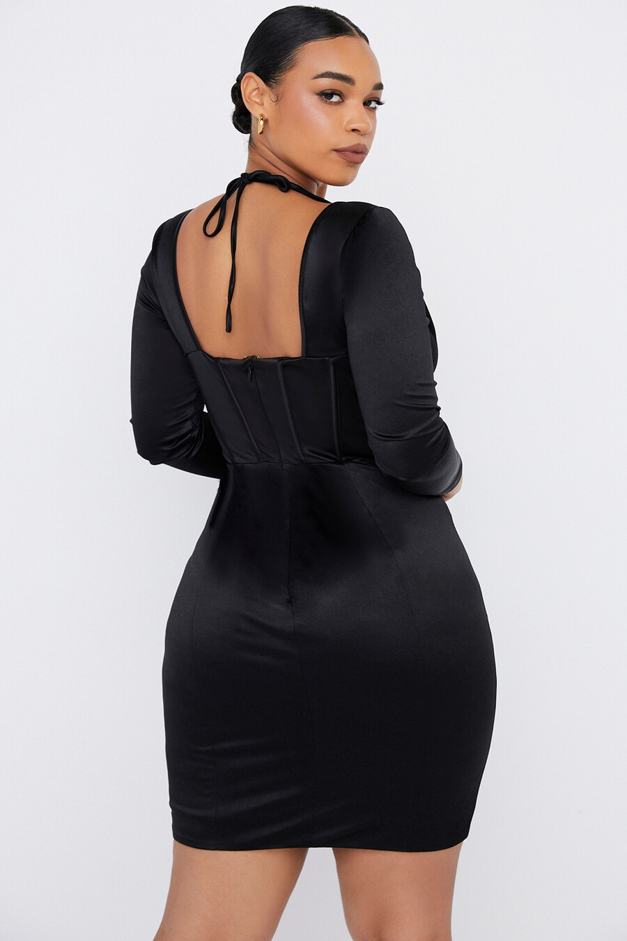 schwarzes disco-satin-korsettkleid