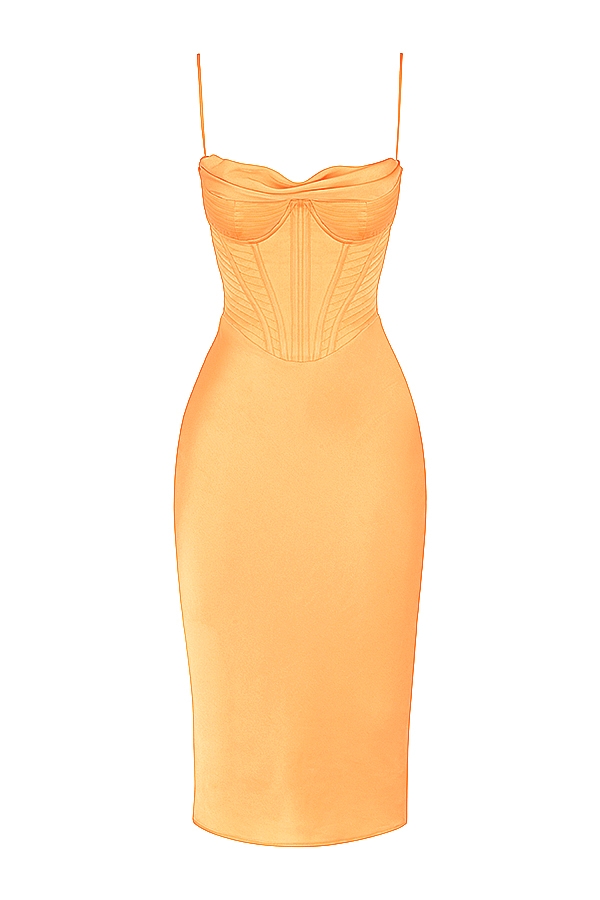 mandarinenfarbenes satin-korsett-midikleid