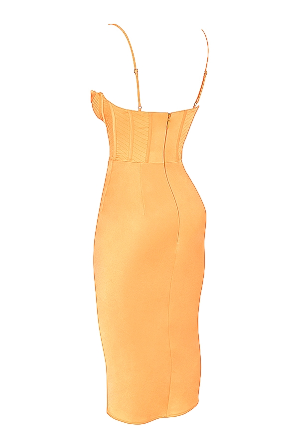 mandarinenfarbenes satin-korsett-midikleid