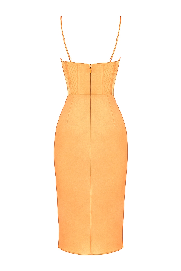 mandarinenfarbenes satin-korsett-midikleid