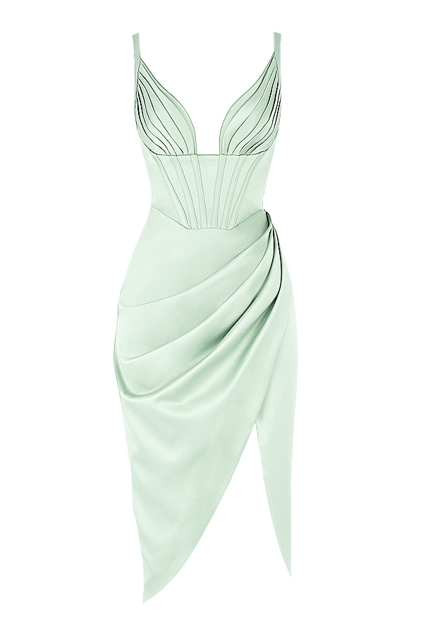 pistazienfarbenes satin-korsett-midikleid