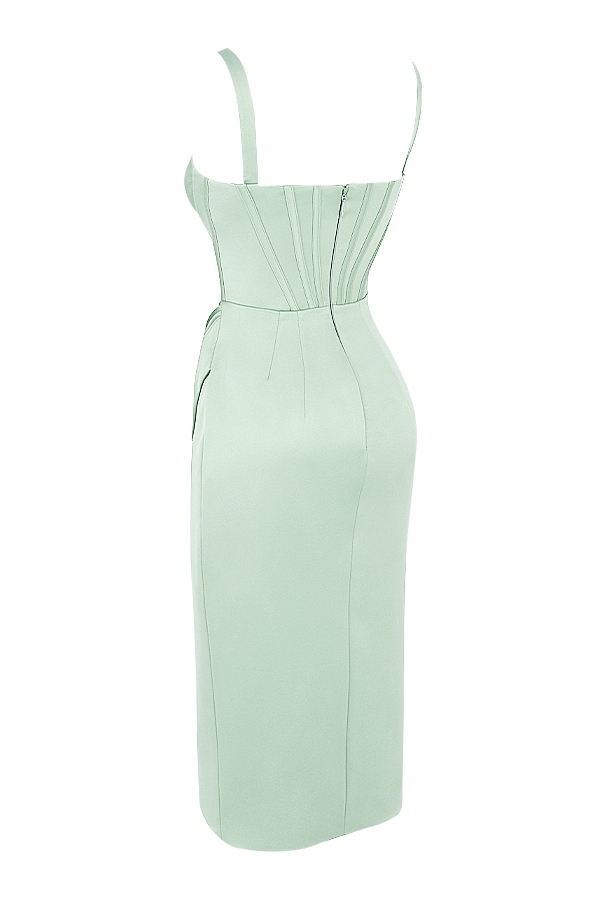 pistazienfarbenes satin-korsett-midikleid