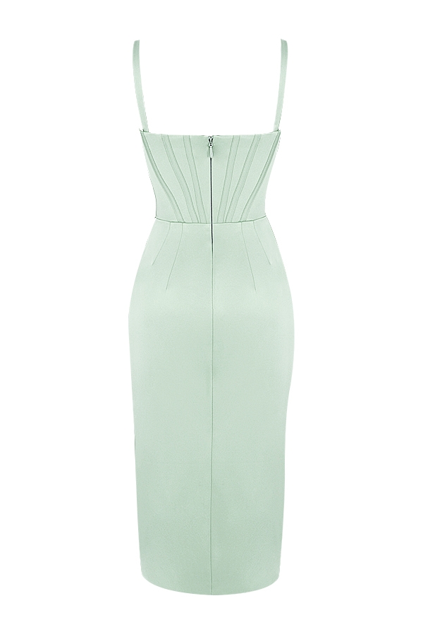 pistazienfarbenes satin-korsett-midikleid
