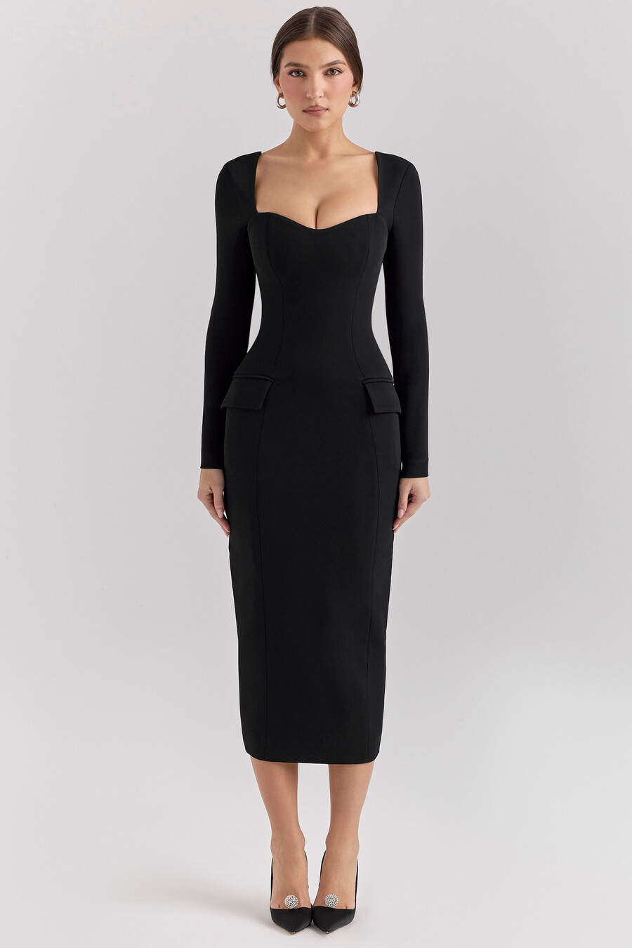 schwarzes stretch-crêpe-midikleid mit langen Ärmeln