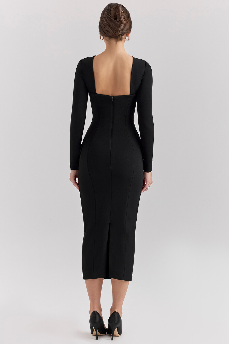 schwarzes stretch-crêpe-midikleid mit langen Ärmeln
