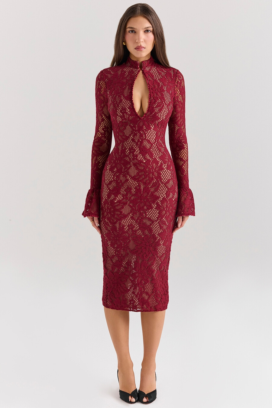 beerenfarbenes spitzen-midikleid