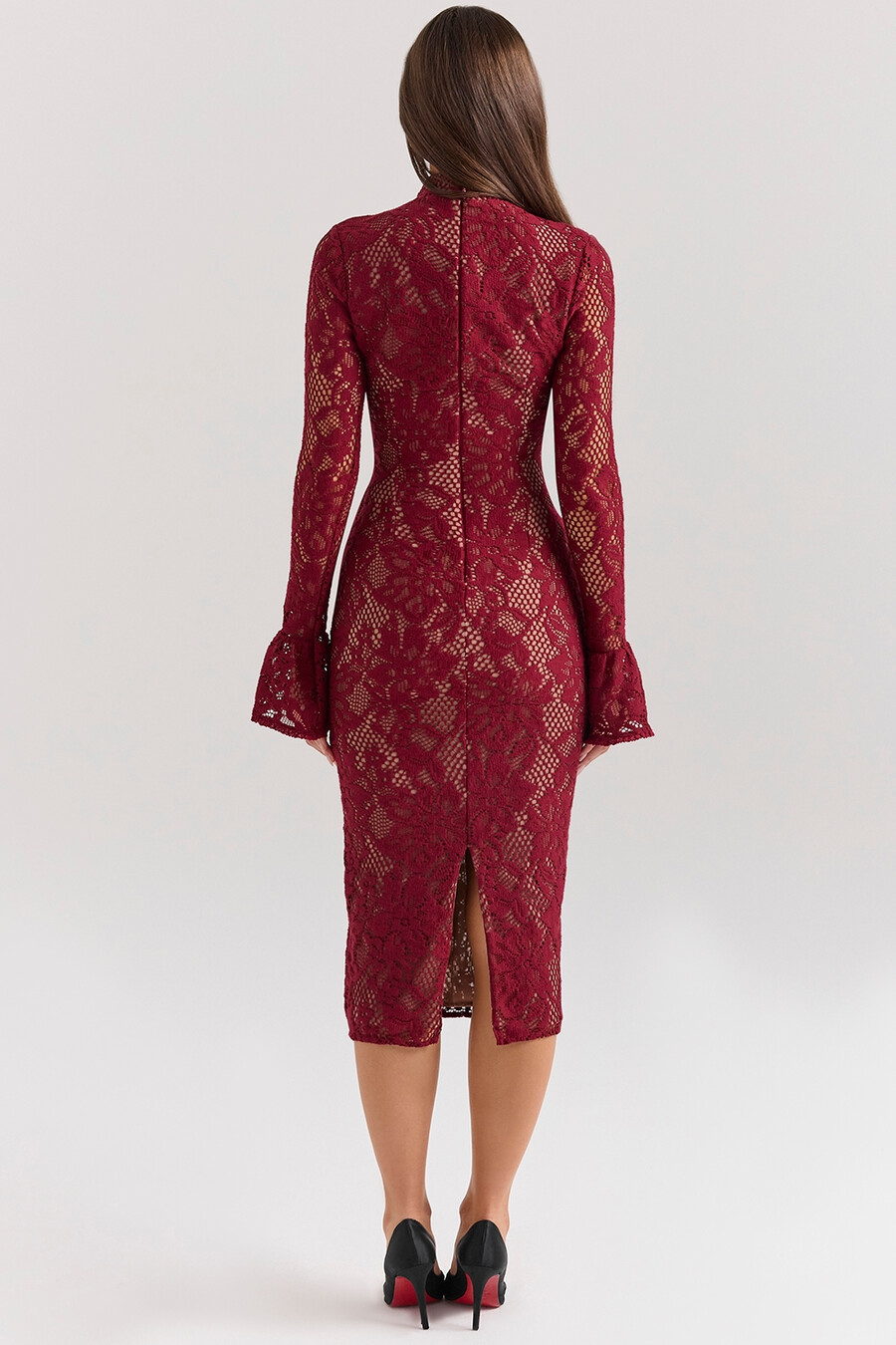 beerenfarbenes spitzen-midikleid