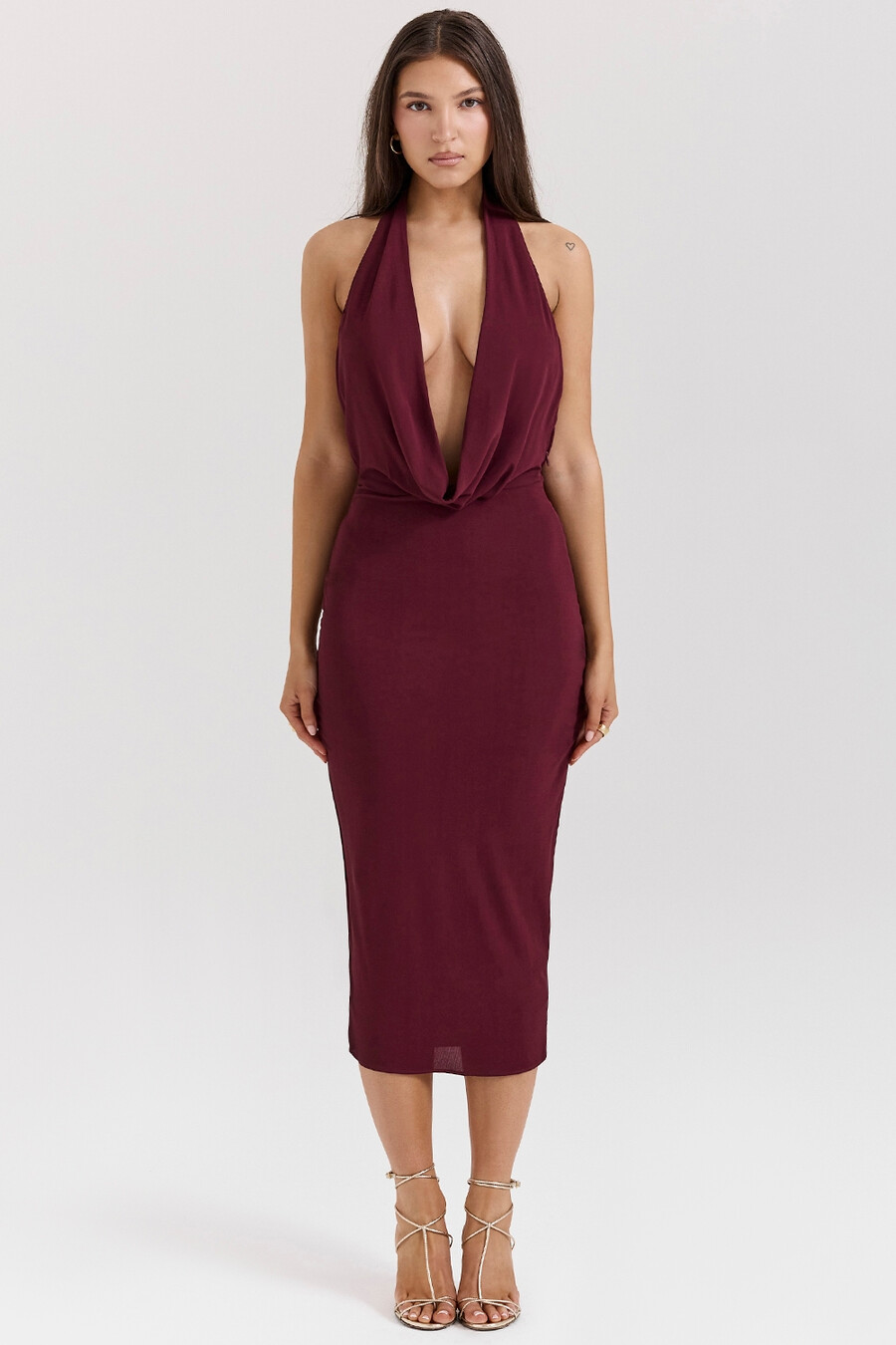merlotfarbenes drapiertes midikleid
